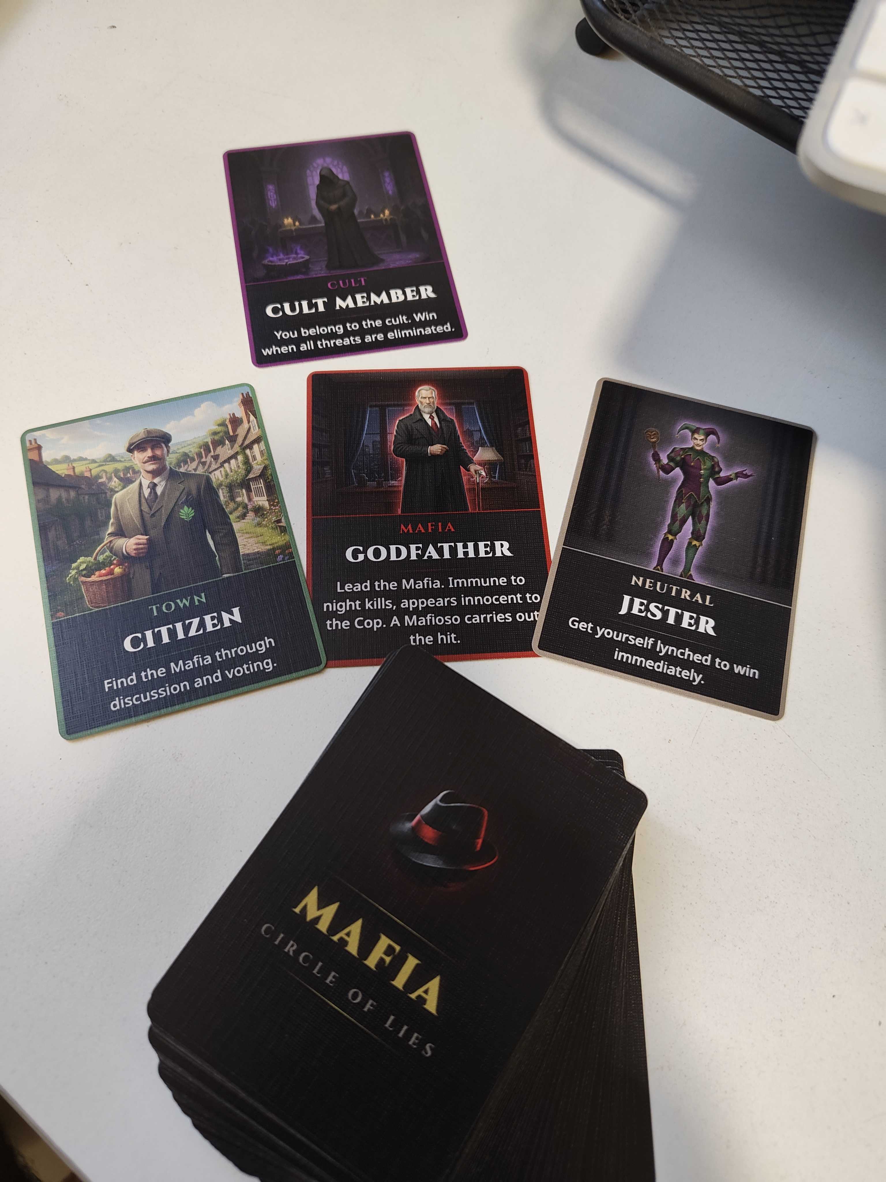 Photo of Mafia trading cards including Godfather, Citizen, Jester, and Cult Member