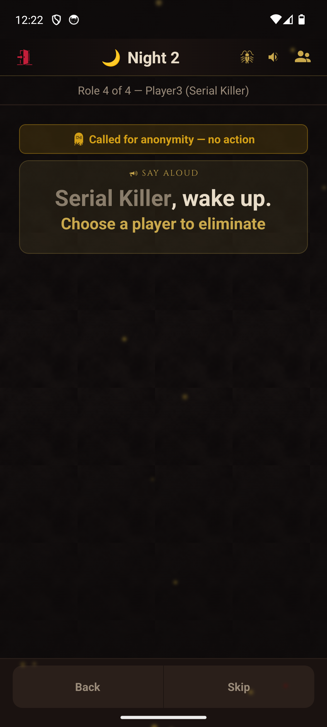 App showing 'Called for anonymity - no action' banner