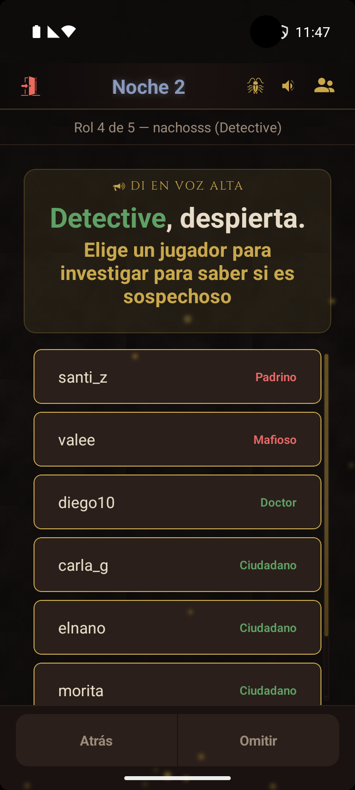 Fase de noche que muestra el despertar del Detective con opciones de investigación de jugadores