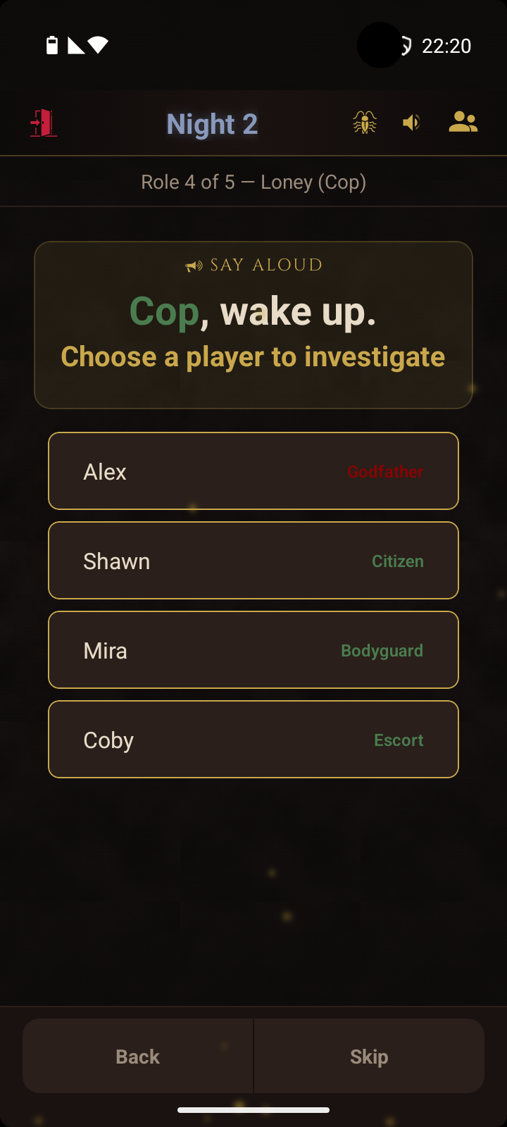 Night phase showing Cop wake-up with player investigation choices