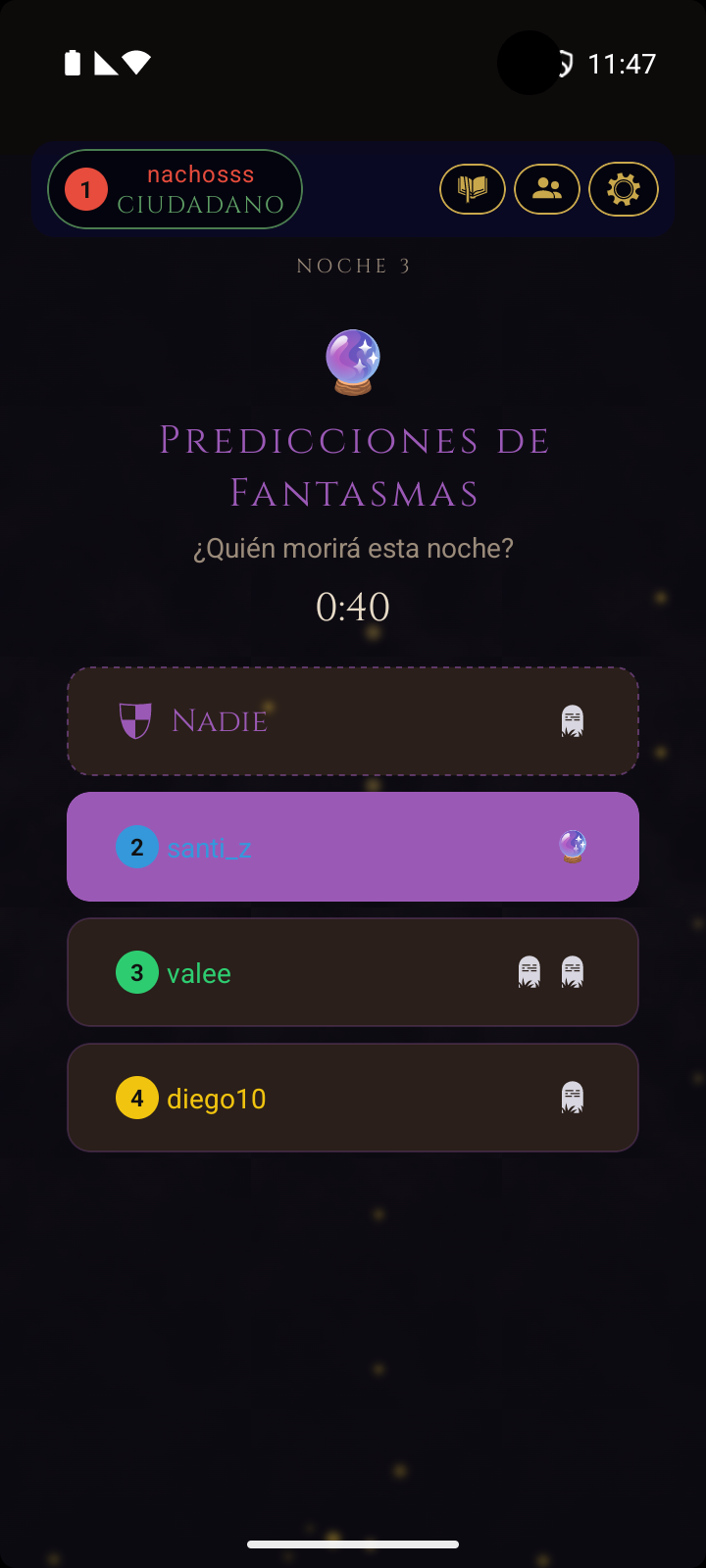 Pantalla de predicciones del fantasma - los jugadores muertos predicen quién morirá esta noche