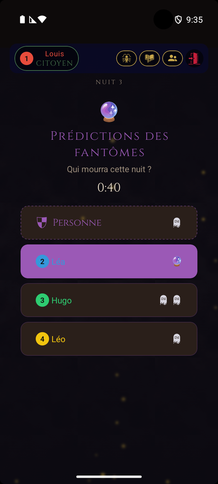 Écran des prédictions des fantômes - les joueurs morts prédisent qui mourra cette nuit
