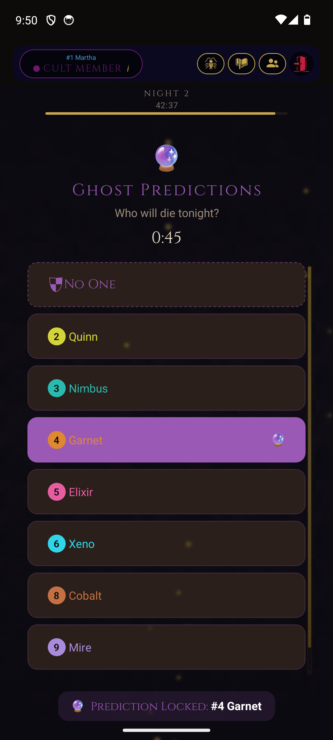 Ghost predictions screen - dead players predict who will die tonight