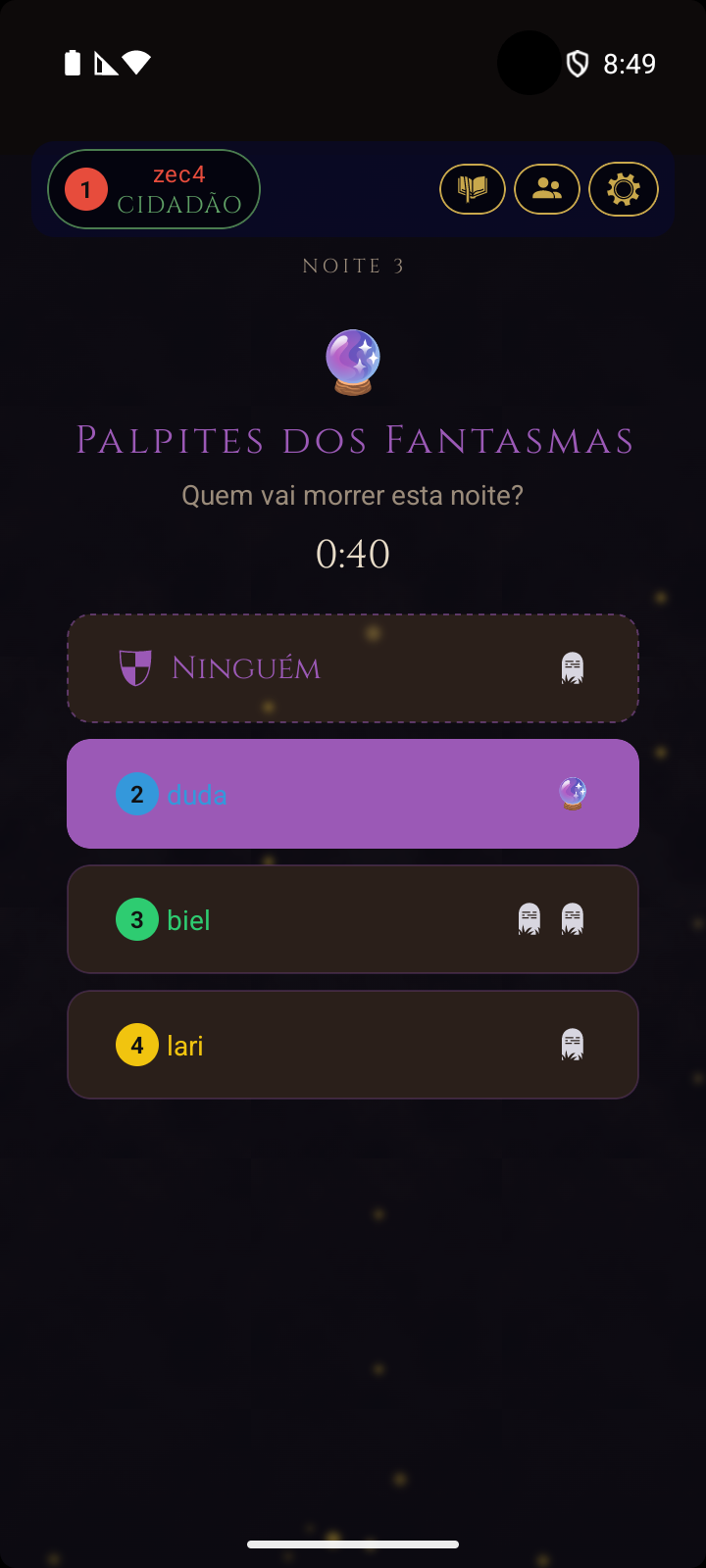 Tela de previsões dos fantasmas - jogadores mortos preveem quem vai morrer esta noite
