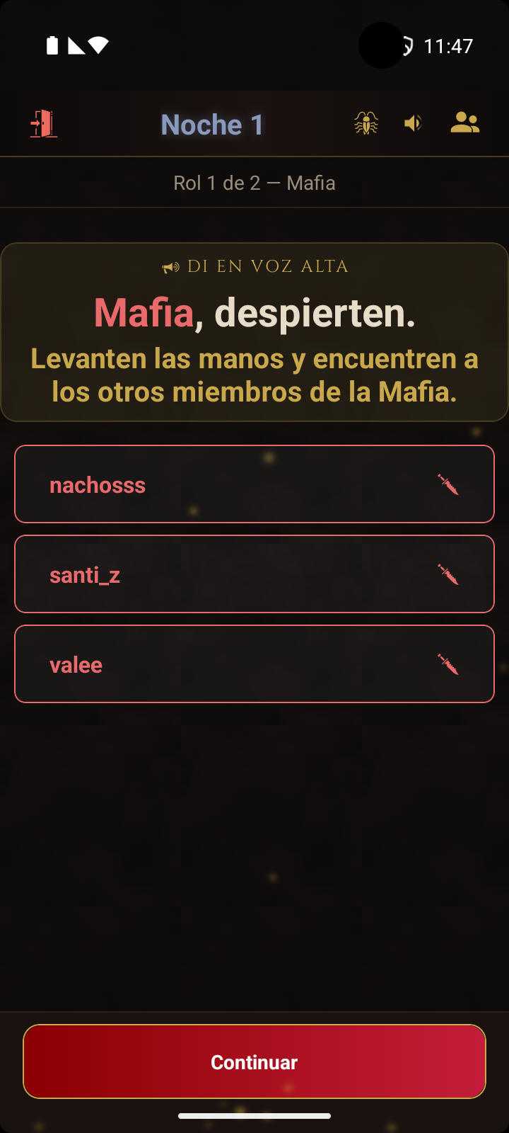 Vista del moderador - indicación de despertar de la Mafia con lista del equipo