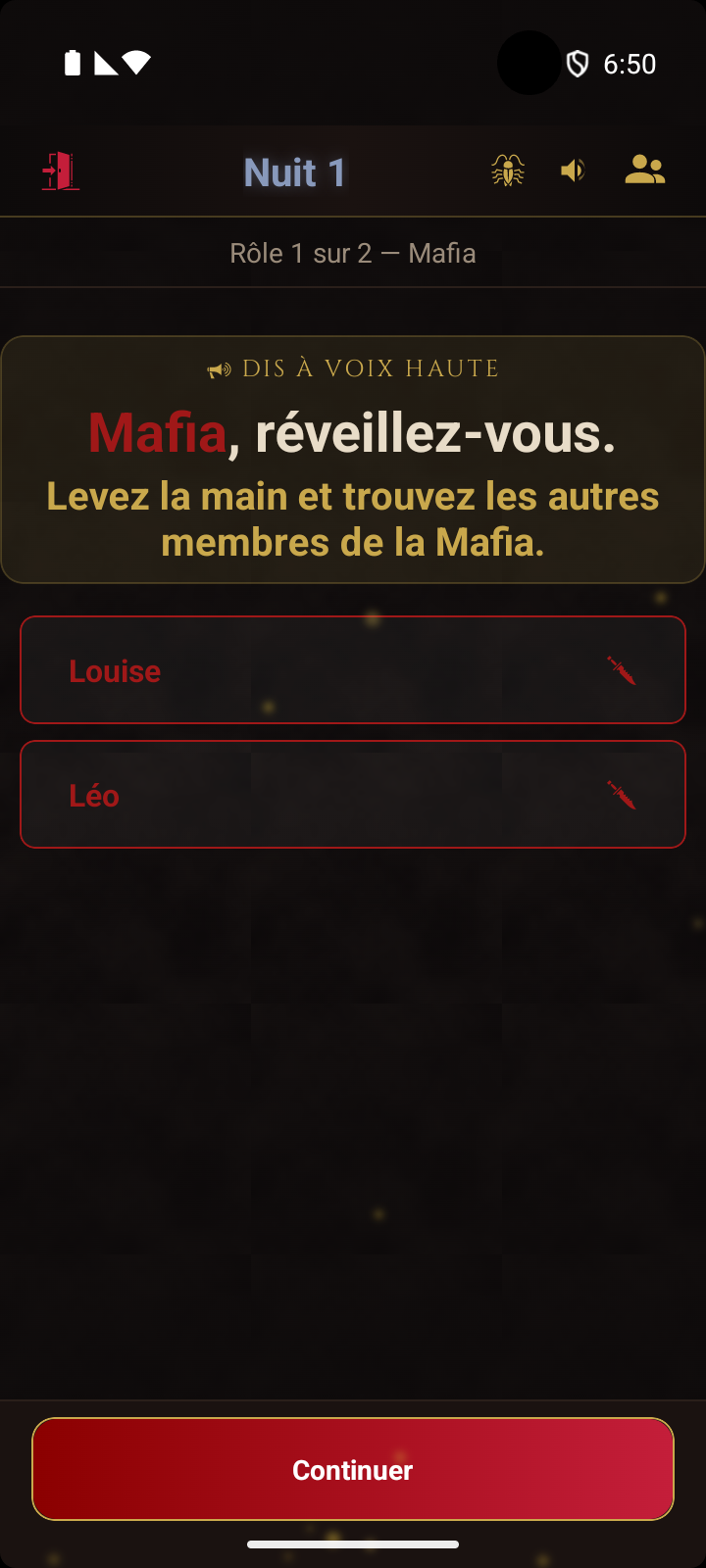 Vue modérateur - annonce de réveil de la Mafia avec la liste de l'équipe