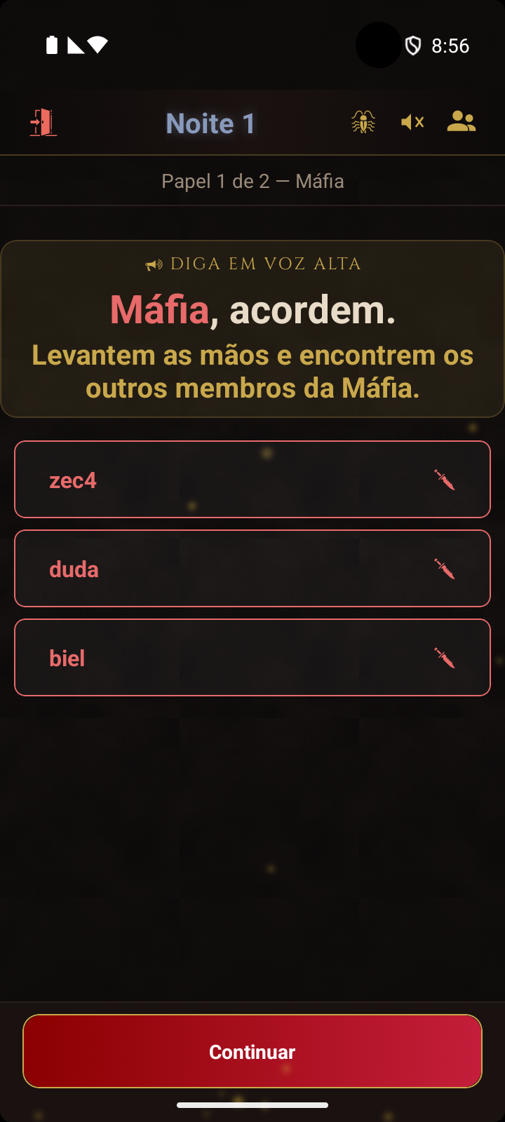 Visão do moderador - aviso de despertar da Máfia com a lista da equipe