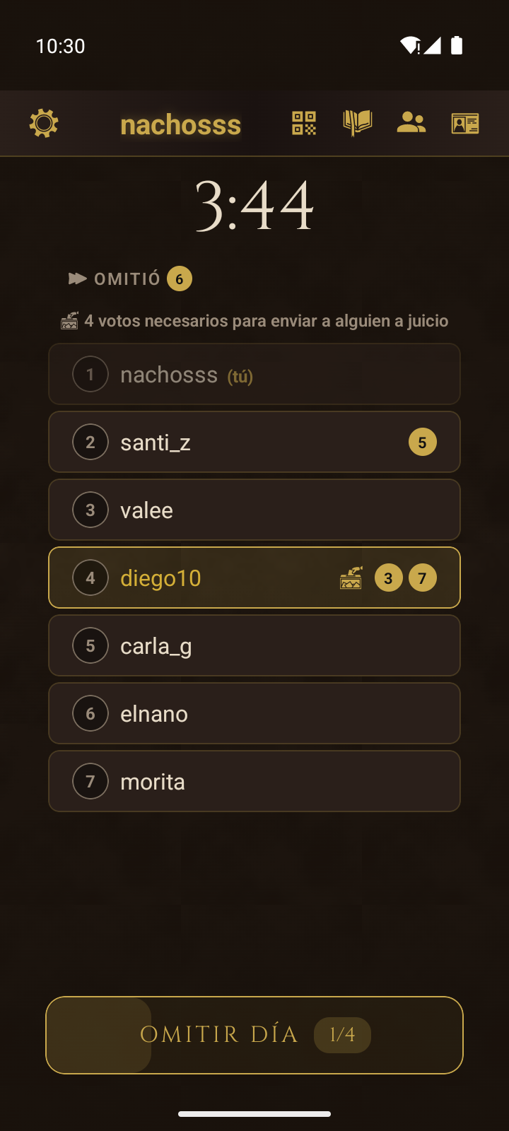 La votación del día en modo narrado - círculos de voto en vivo junto a cada jugador