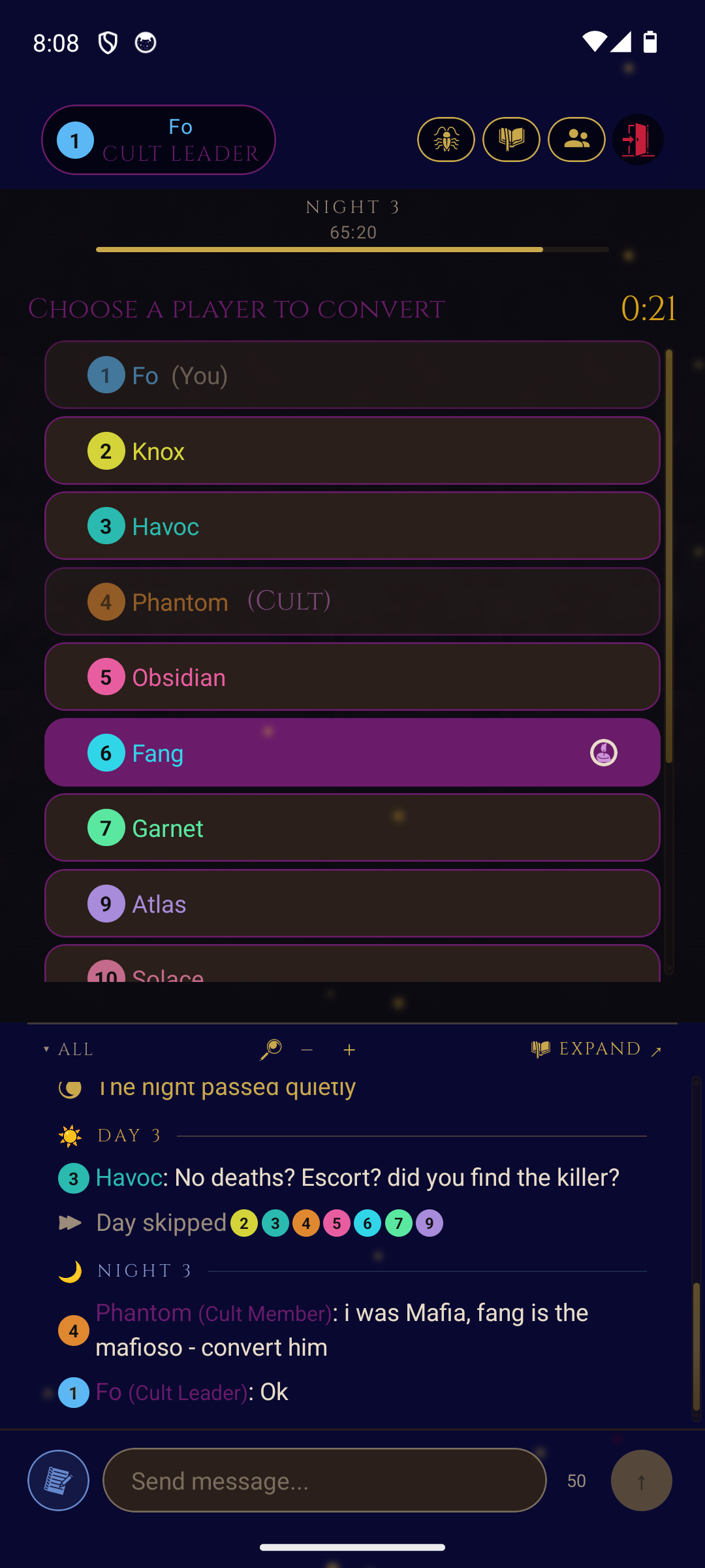Night phase with cult team private chat