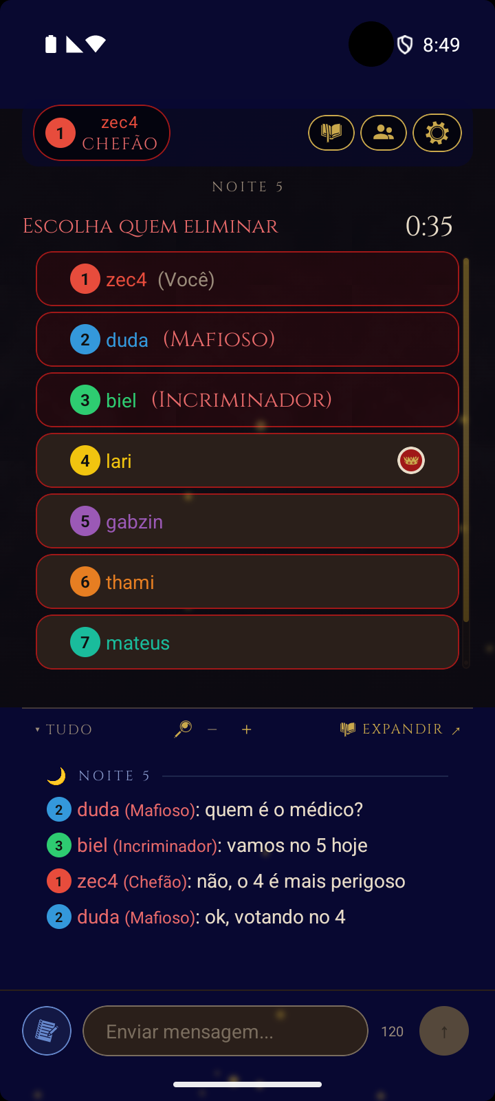 Partida online - fase de noite com a Máfia escolhendo um alvo e o chat da equipe