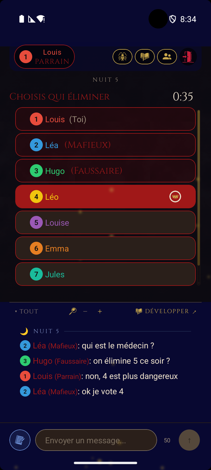 Partie en ligne - phase de nuit avec choix de la cible du déguisement et chat