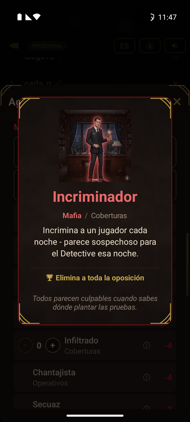 Carta de rol que muestra el rol de Incriminador con sus habilidades y condición de victoria