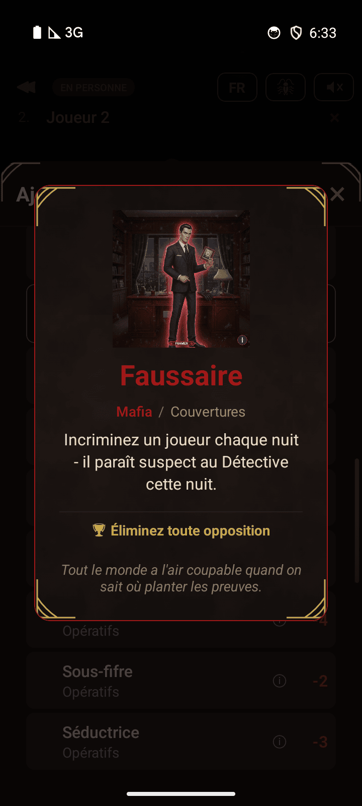 Carte de rôle du Faussaire avec ses capacités et sa condition de victoire