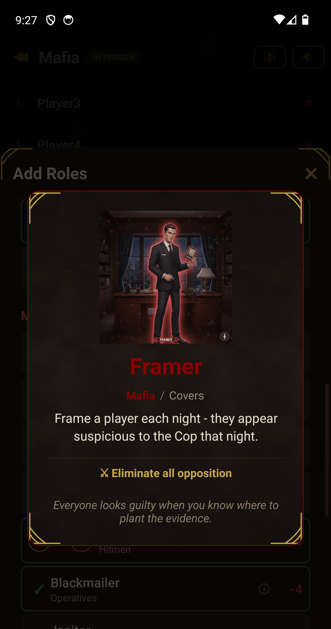 Role card showing the Framer role with abilities and win condition