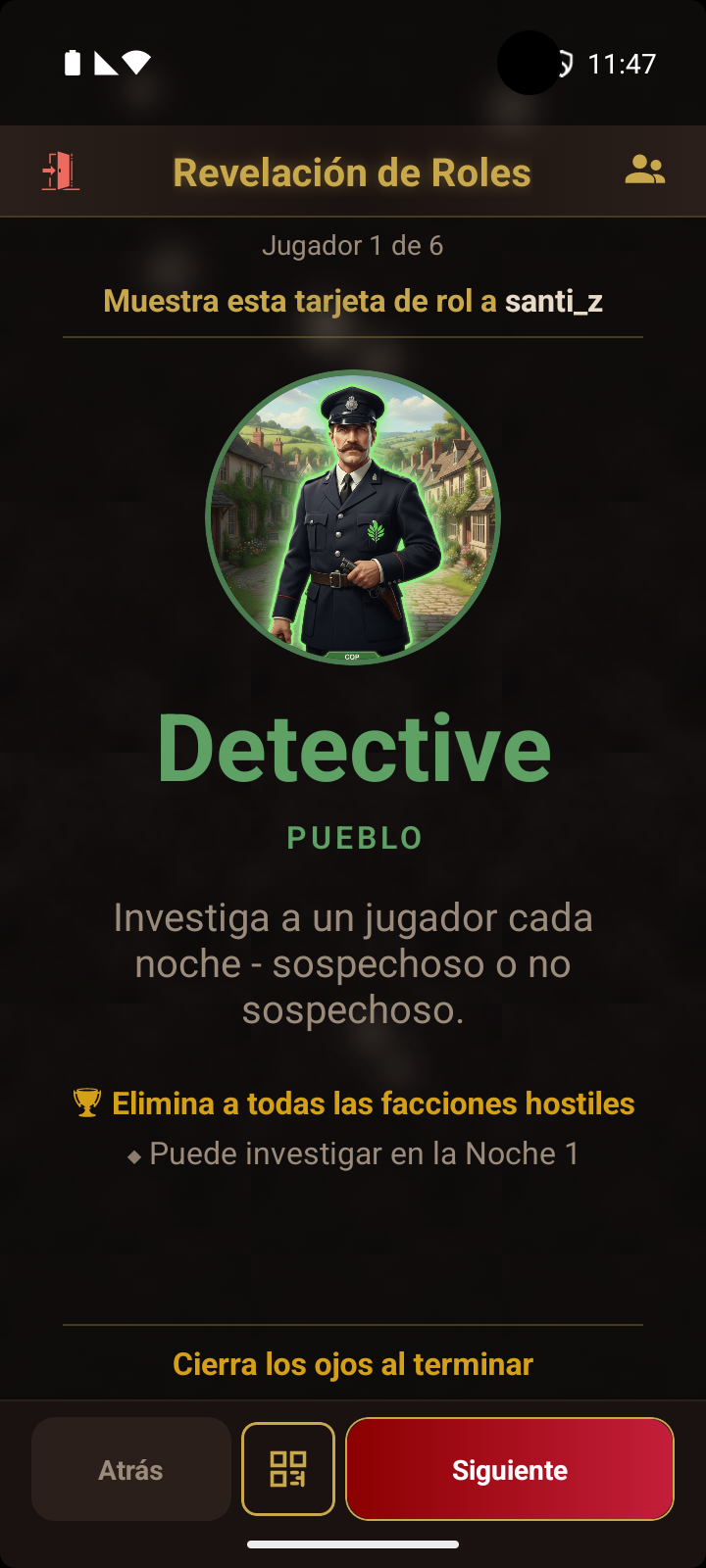 Carta de rol de la ceremonia - muestra al jugador su rol con un botón de QR opcional en la parte inferior