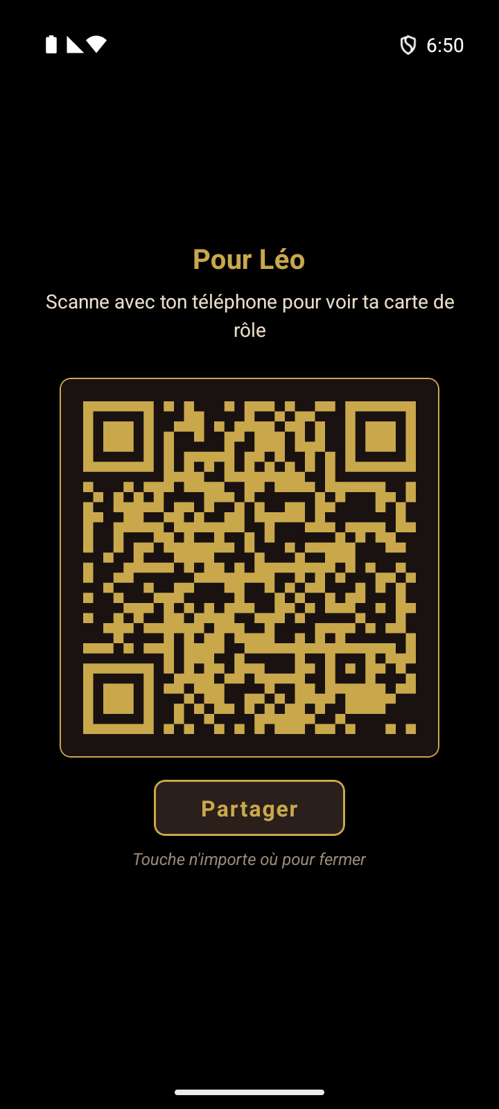 Carte de rôle en cérémonie - montre au joueur son rôle, avec un bouton QR optionnel en bas
