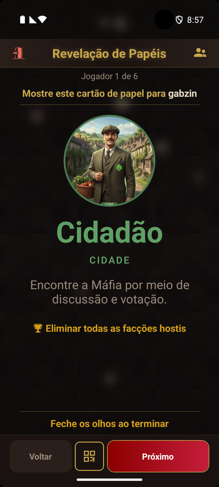 Cartão de papel na cerimônia - mostra ao jogador o seu papel, com um botão de QR opcional na parte de baixo