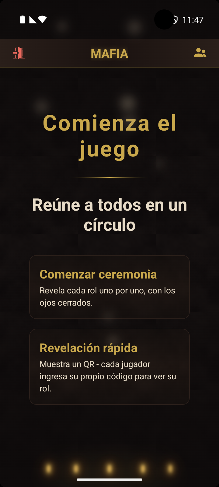 Pantalla del moderador - elige entre Iniciar ceremonia o Revelación rápida