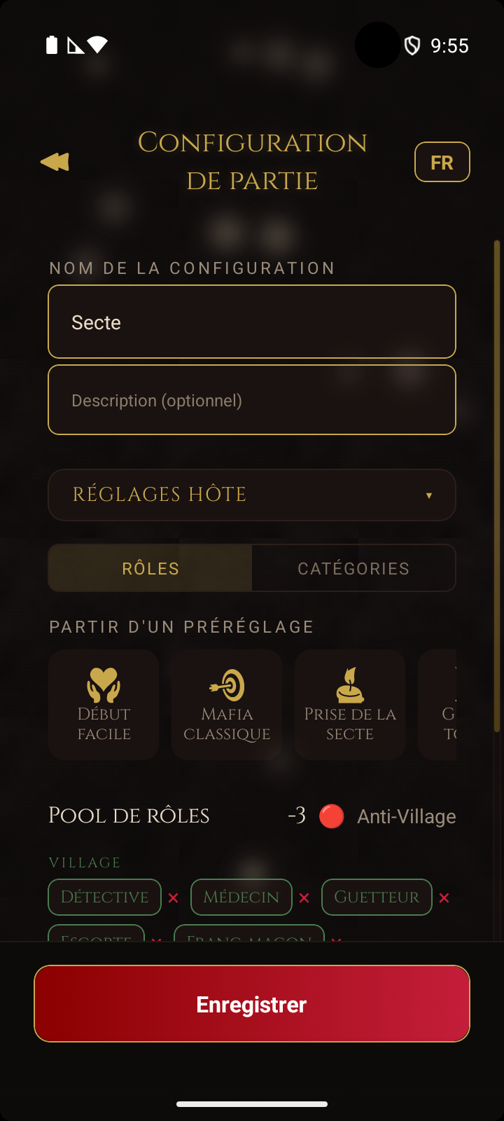 Éditeur de configuration - nom, paramètres de l'hôte, rôles ou catégories, points de départ prédéfinis