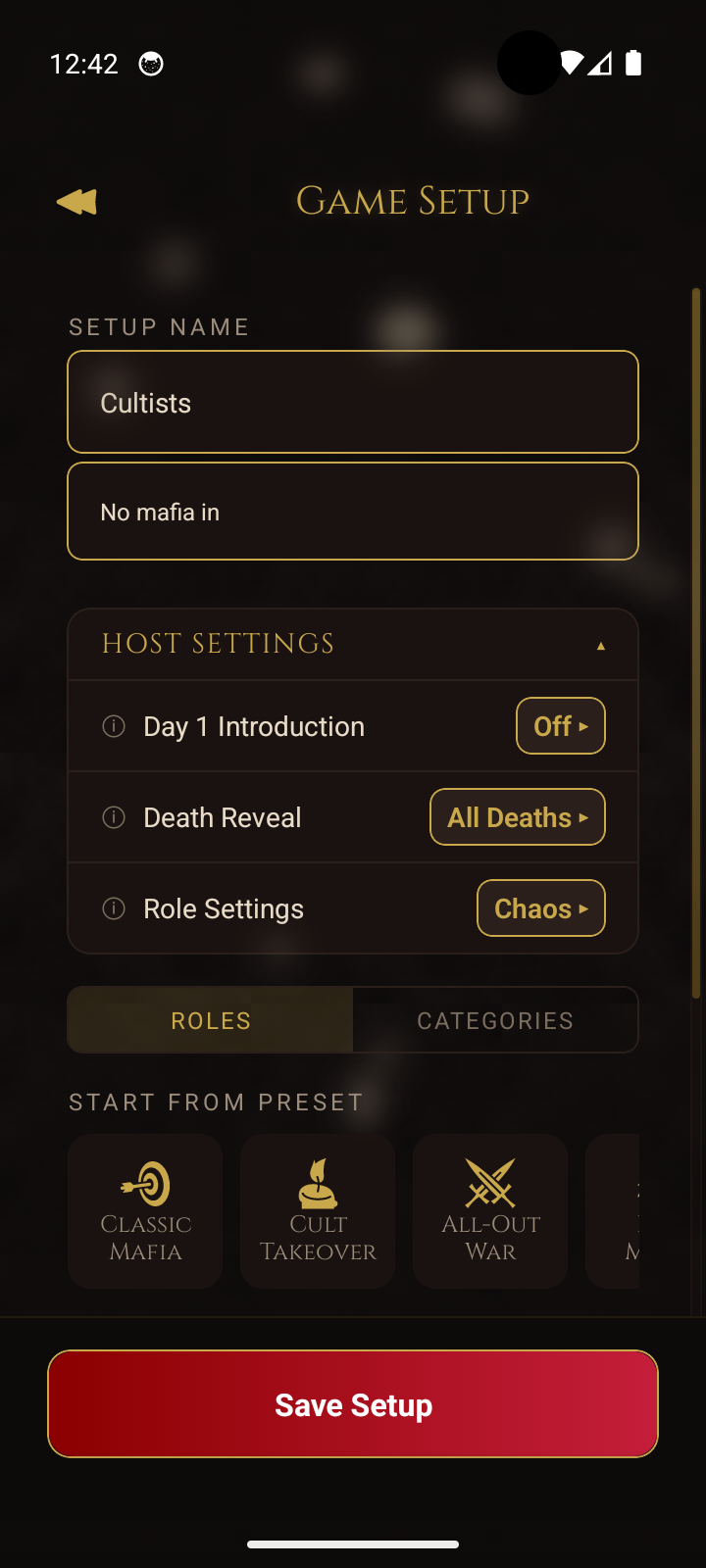 Game Setup editor - name, host settings, roles or categories, preset starting points
