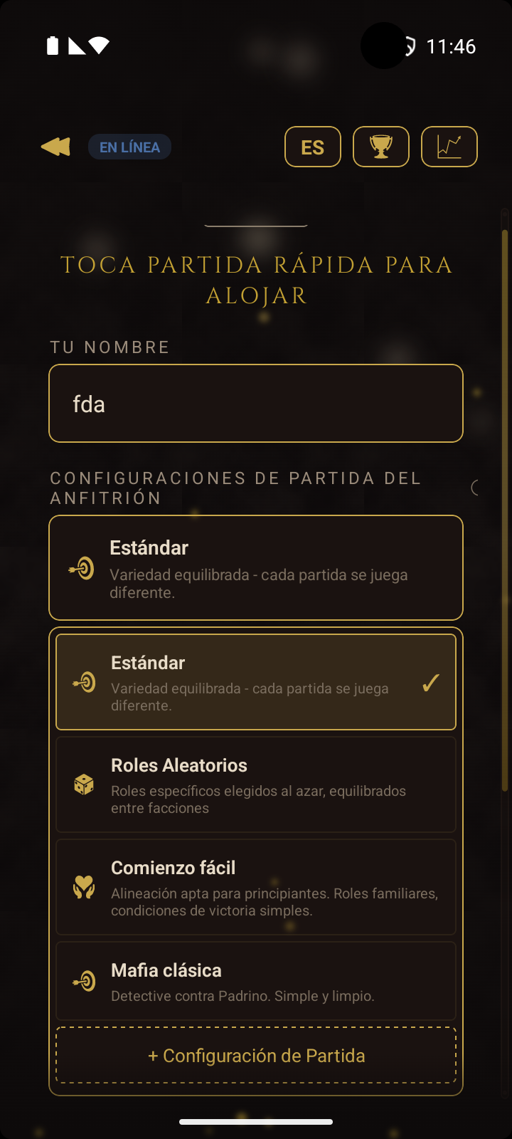 Pantalla de exploración en línea con estadísticas del jugador y lista de configuraciones de partida del anfitrión