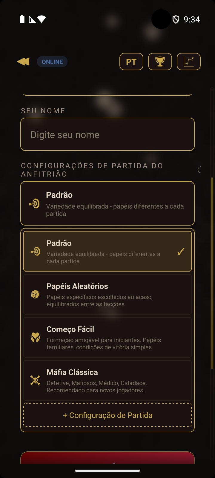 Tela de navegação online com estatísticas do jogador e lista de configurações de partida do anfitrião