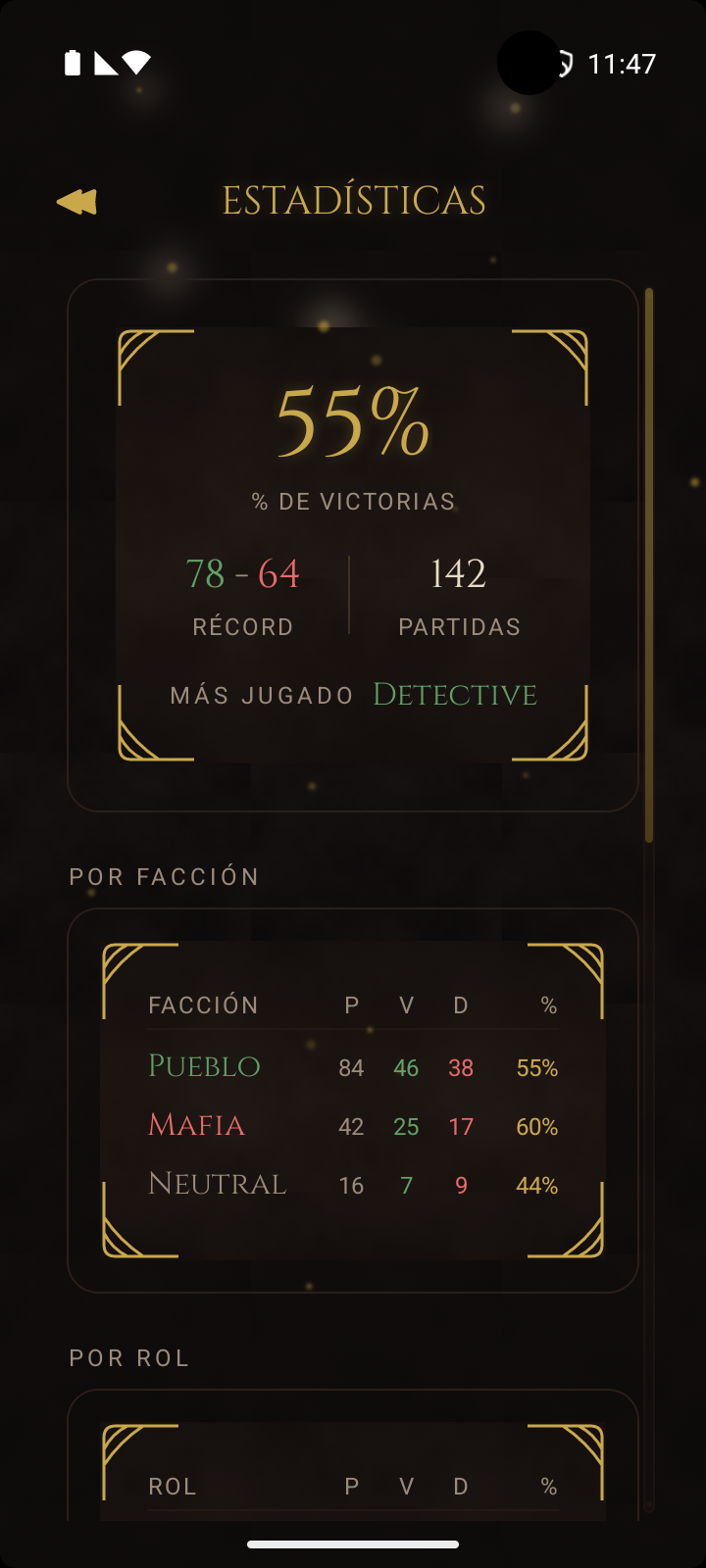 Pantalla de estadísticas del jugador que muestra la tasa de victorias, el desglose por facción y el historial de roles