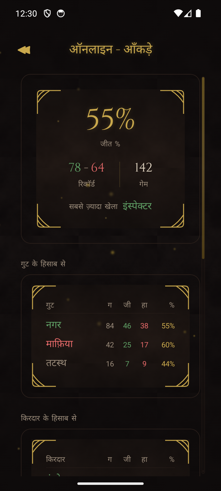 आँकड़ों की स्क्रीन, जिसमें जीत की दर, गुटों का ब्योरा और किरदारों का इतिहास दिखता है