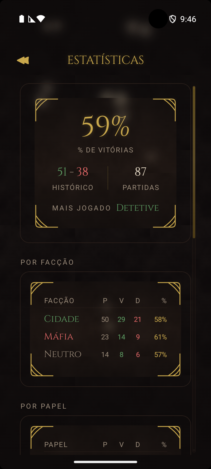 Tela de estatísticas do jogador mostrando taxa de vitória, detalhamento por facção e histórico de papéis