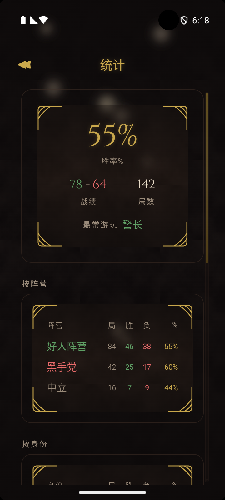 玩家战绩界面，显示胜率、阵营明细与身份历史