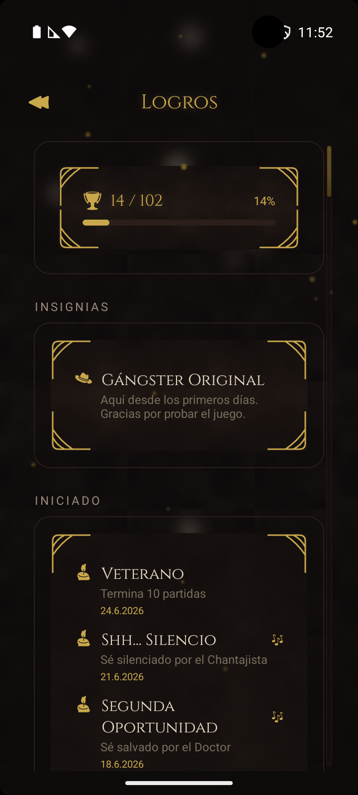 Pantalla de logros con la sección de Insignias en la parte superior mostrando las insignias obtenidas