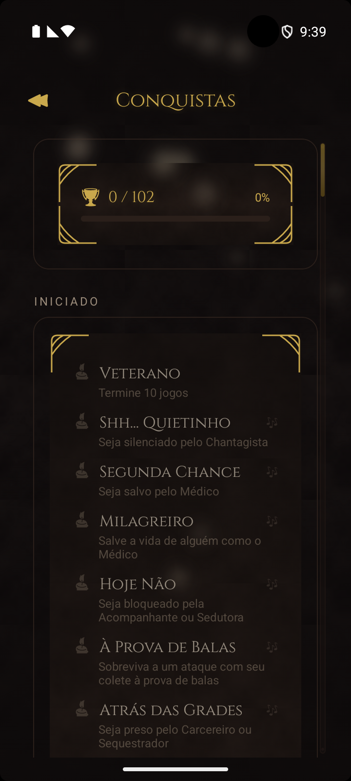 Tela de conquistas com a seção de medalhas no topo mostrando as medalhas obtidas